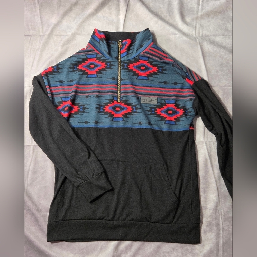 Simply Southern 1/4‎ Zip Pullover Gold Sequin Bear Shirt Women Small Black Aztec